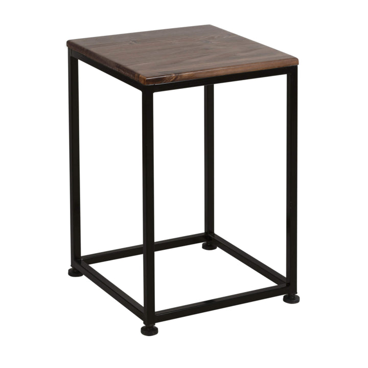 Mesa lateral alta en tres cuartos, con cubierta de madera tono nogal y estructura de acero negro