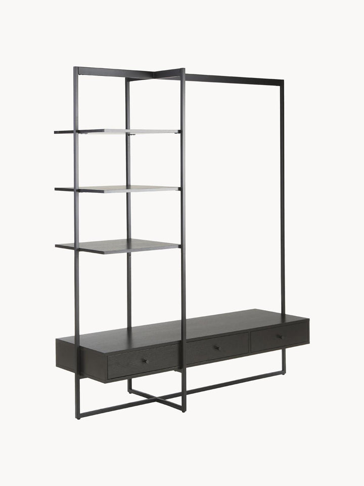 Perchero en tres cuartos con estructura de metal negro y repisas y cajones de madera teñida negra
