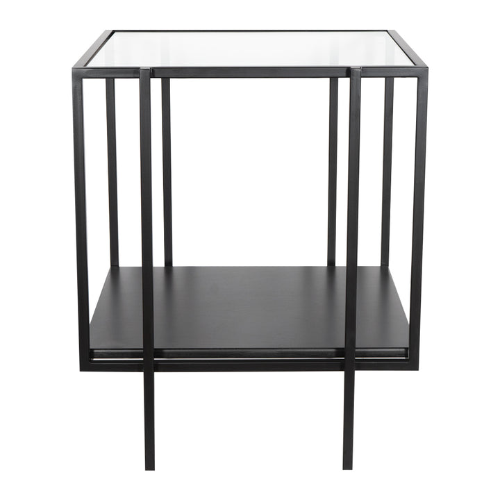 Velador Glass de frente, con marco doble de acero negro, cubierta de vidrio y repisa inferior negra