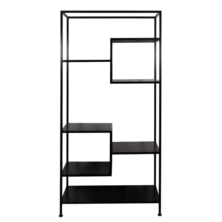 Estantería Cubo en madera teñida negra, con repisas escalonadas sobre una estructura de acero del mismo tono