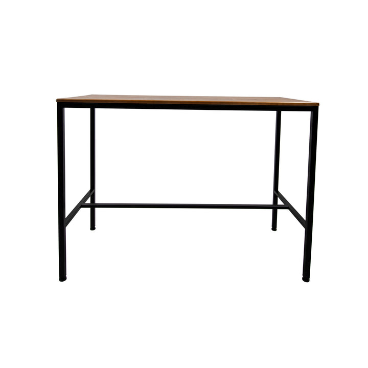 Mesa de comedor bar con cubierta de madera en tono nogal y estructura de acero negro, vista frontal