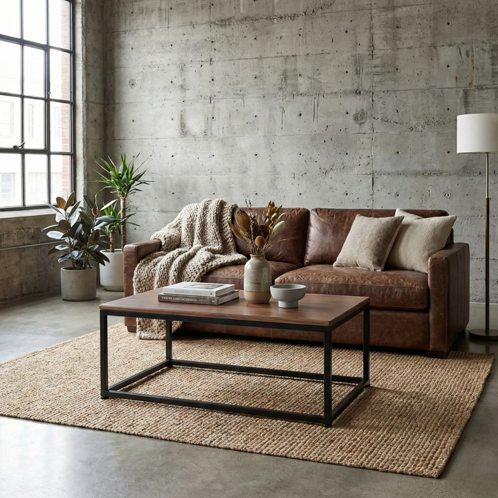 Mesa de centro rectangular con cubierta de madera tono nogal y base de acero negro, en un loft de muro de hormigón