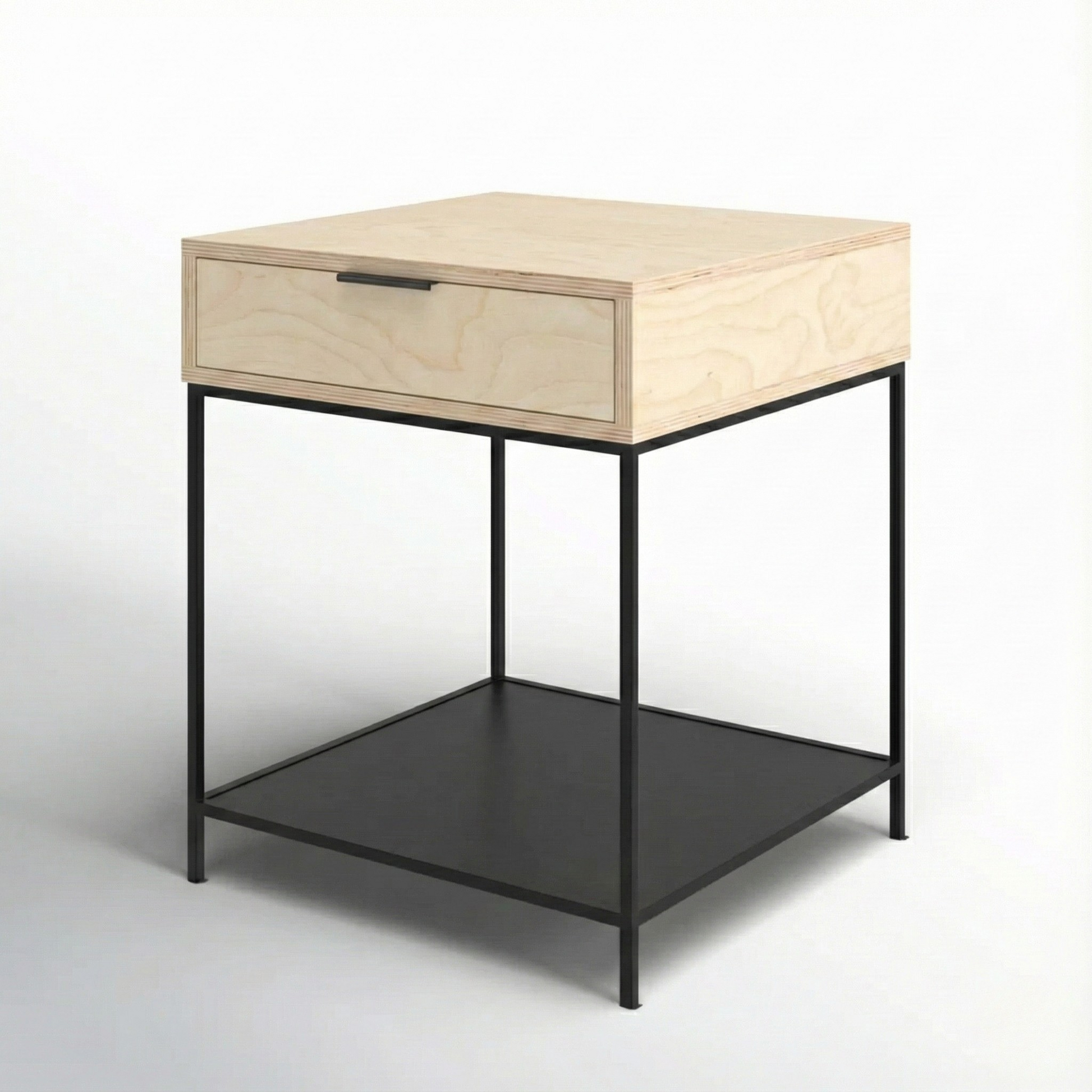 mesa lateral Kallfu MIMA plywood abedul con estructura de acero electropintado negro mate junto a sofá