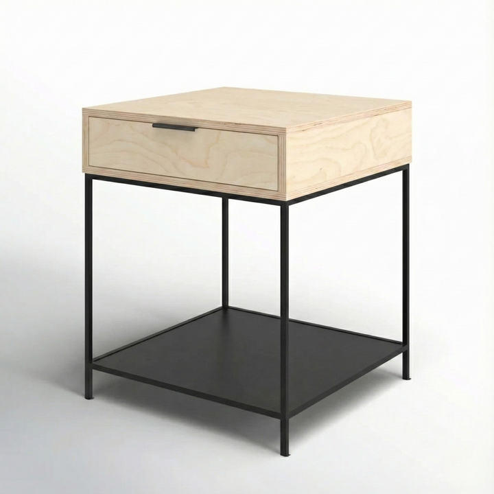 mesa lateral MIMA plywood abedul con estructura de acero electropintado negro mate junto a sofá