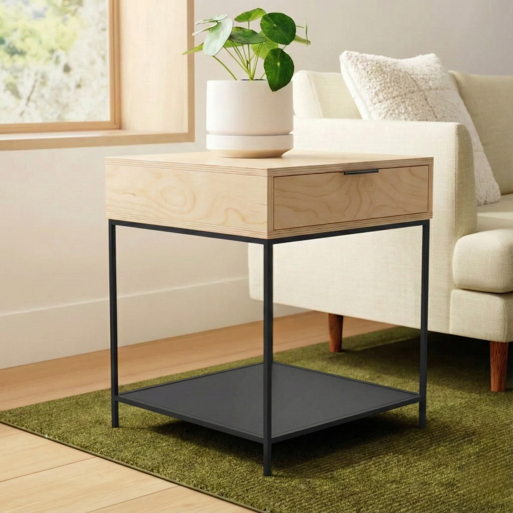 velador Kallfu de abedul con base de acero negro mate y cajón superior