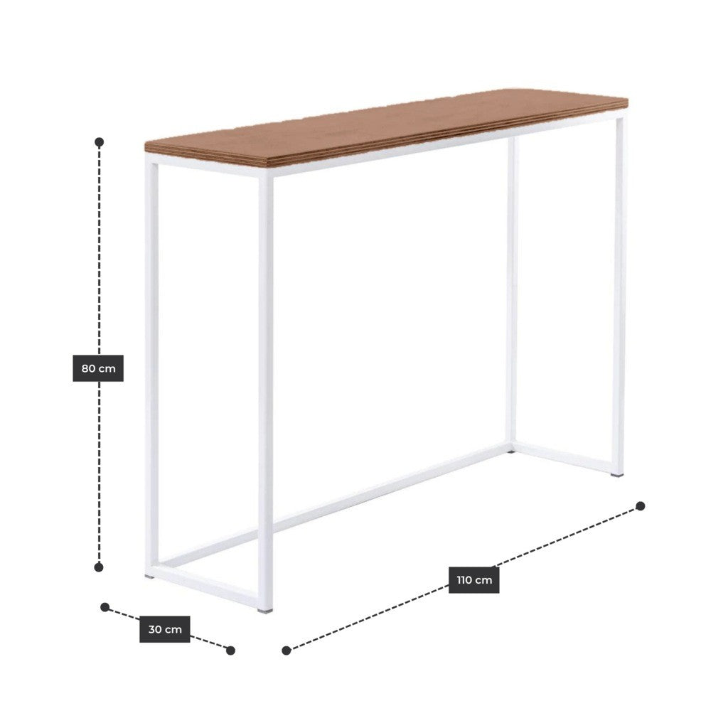Arrimo 110 cm con estructura de acero blanco y cubierta de madera en tono nogal