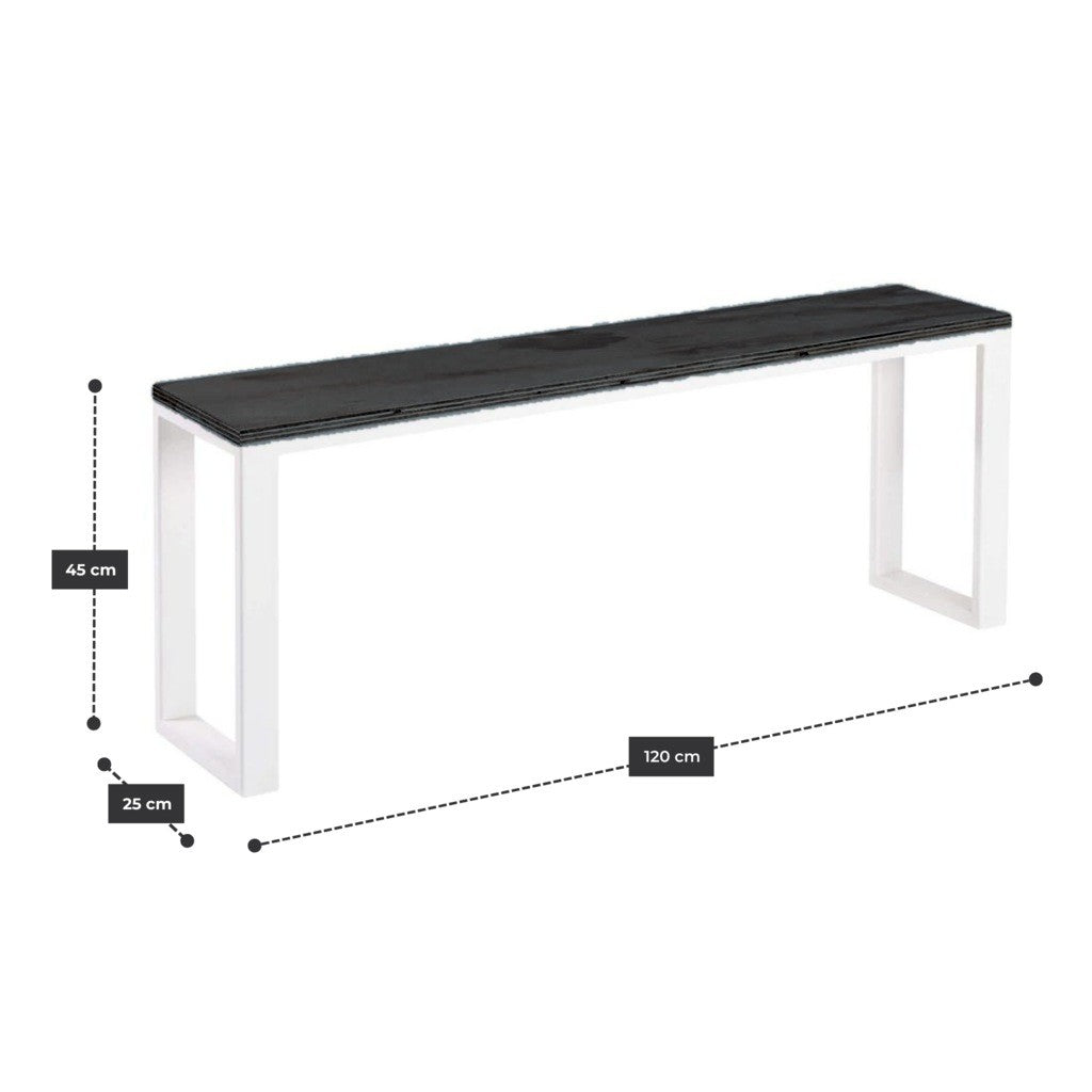 Banca 120 cm con estructura de acero blanco y cubierta de madera negra