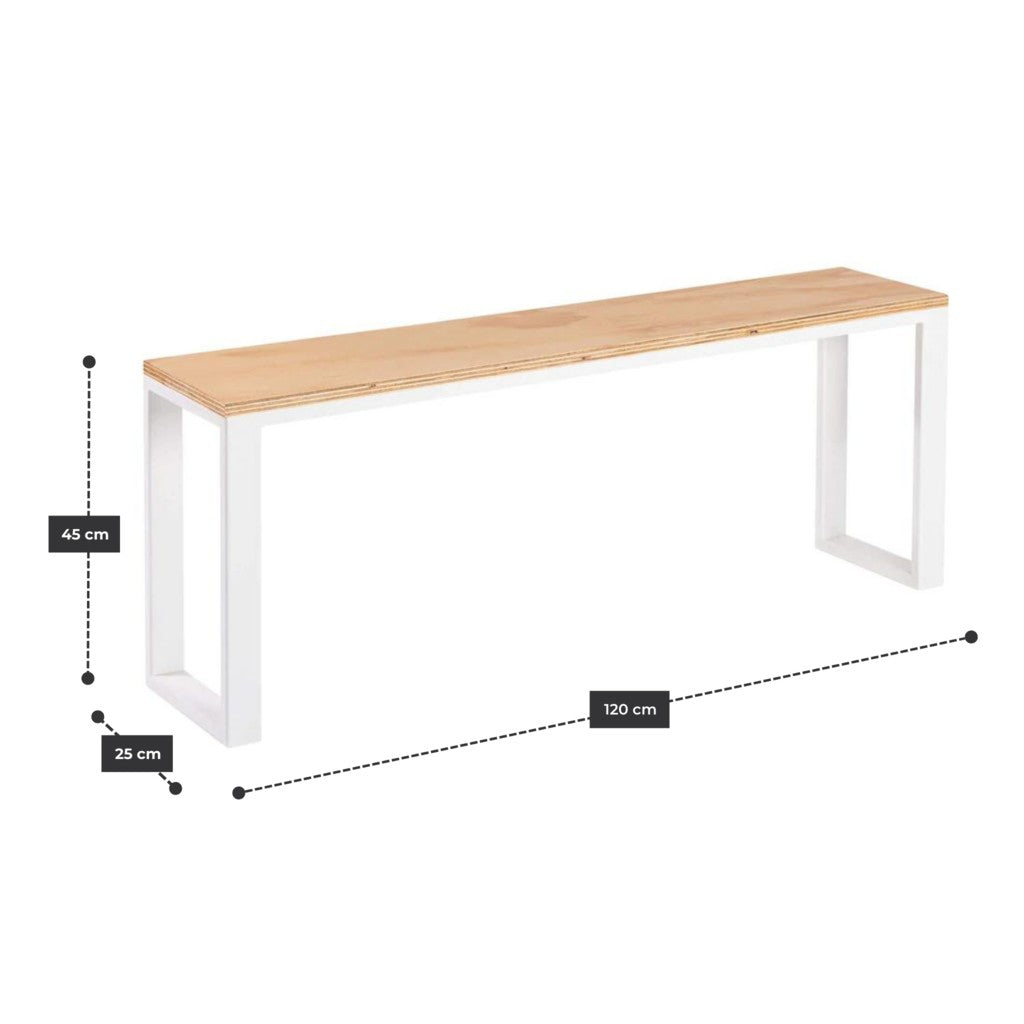 Banca 120 cm con estructura de acero blanco y cubierta de plywood de abedul