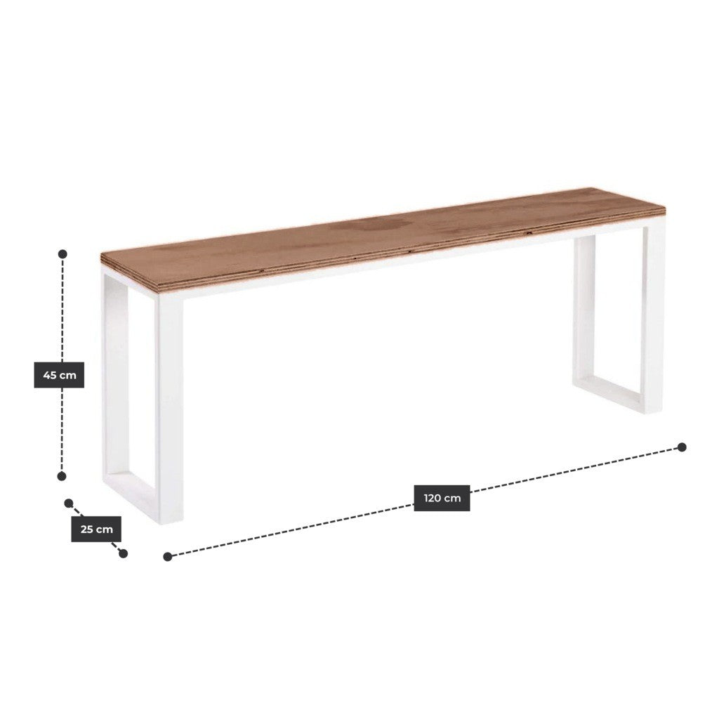 Banca 120 cm con estructura de acero blanco y cubierta de madera en tono nogal