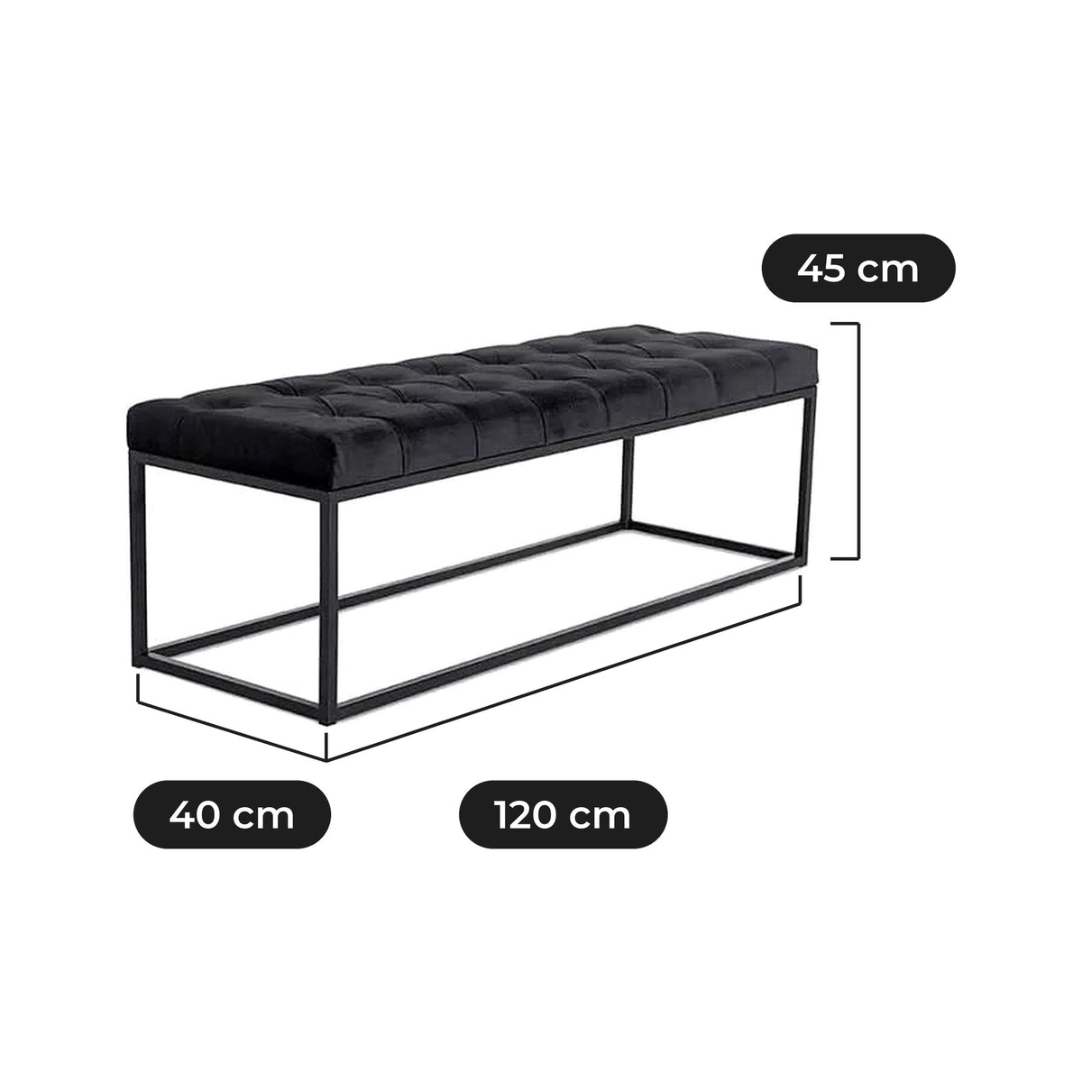 Banca Tela 120 cm de Terciopelo Negro: 120 cm de ancho, 40 cm de fondo y 45 cm de alto