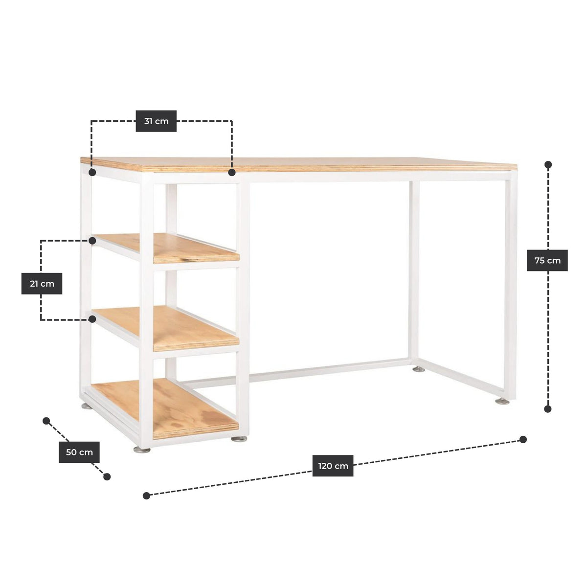 Medidas del escritorio con 3 repisas de estructura blanca y cubierta de abedul: 120 x 50 x 75 cm