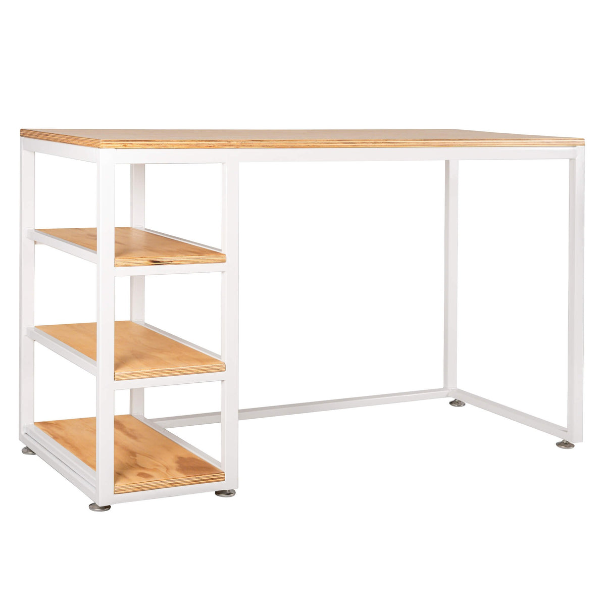 Escritorio con 3 Repisas 120 cm con estructura de acero blanco y cubierta de plywood de abedul