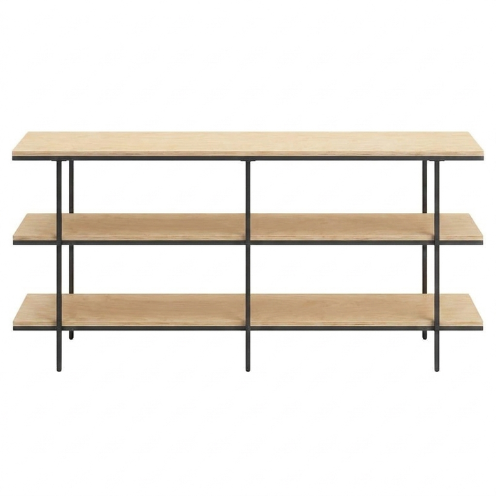 Arrimo Triple con tres cubiertas de plywood de abedul natural y estructura de acero negro, de frente