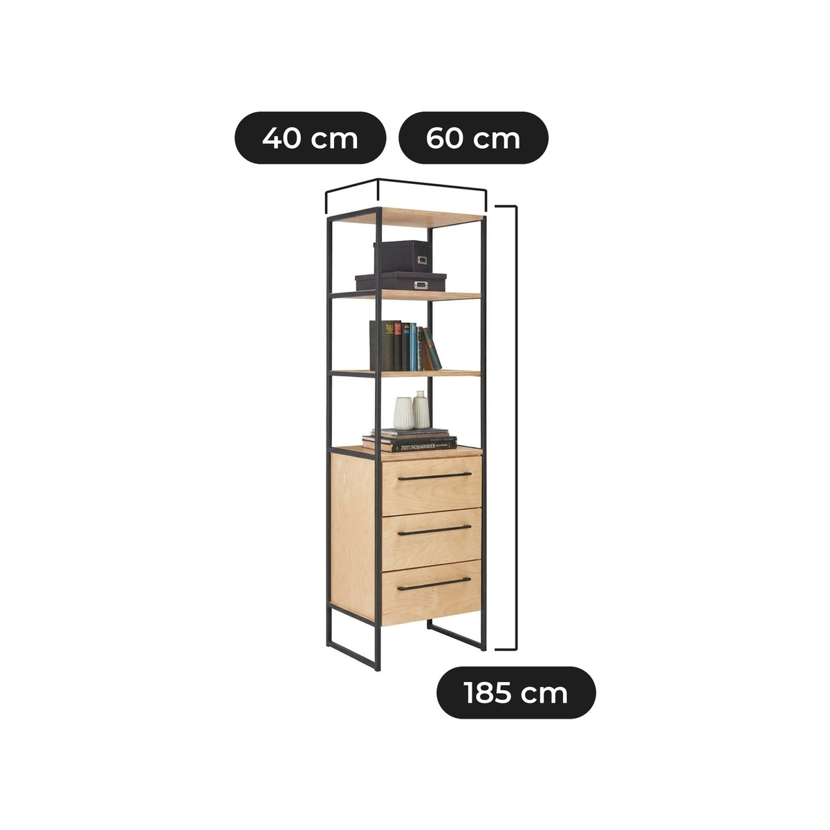 Estantería Lomoco con Cajones 60 cm: 60 cm de ancho, 40 cm de fondo y 185 cm de alto