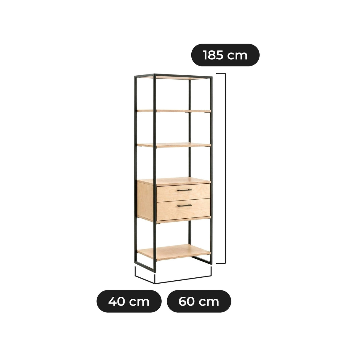 Estantería Natura con Cajones 60 cm: 60 cm de ancho, 40 cm de fondo y 185 cm de alto