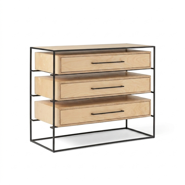 Gabinete con tres cajones de plywood de abedul natural y marco de metal negro, con el canto laminado a la vista