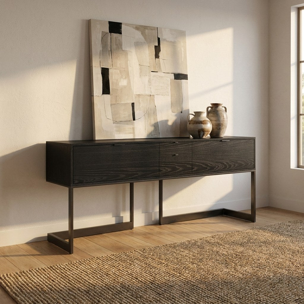 Aparador Wishbone Kallfü 213 cm negro base metal, 213x51x91 cm — en el living
