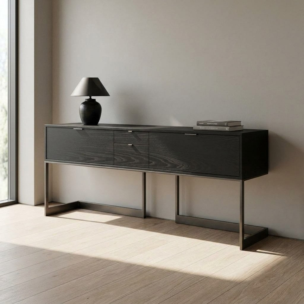 Aparador Wishbone Kallfü 213 cm negro base metal, 213x51x91 cm — en la oficina