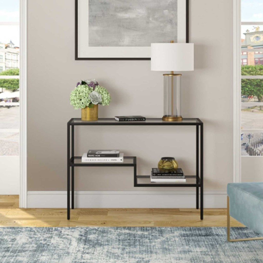 Arrimo Aseri Kallfü metal negro y cristal, 107x35x76 cm — en el recibidor