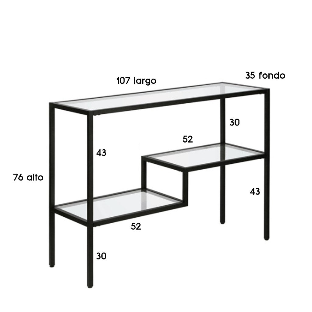 Arrimo Aseri Kallfü metal negro y cristal, 107x35x76 cm — medidas