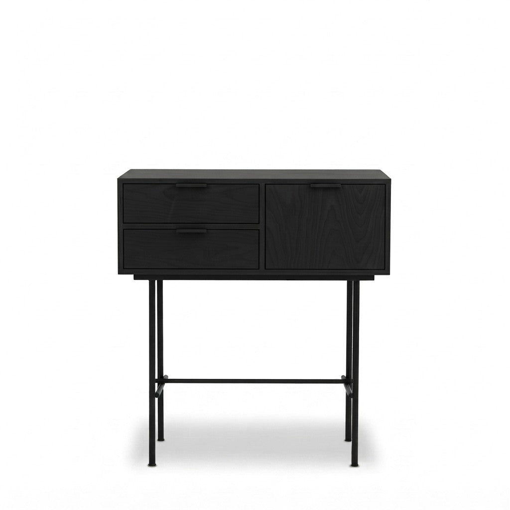 Arrimo Exalt con Cajones 90 cm Kallfü en madera BLACK, con dos cajones, una puerta y patas finas de metal negro