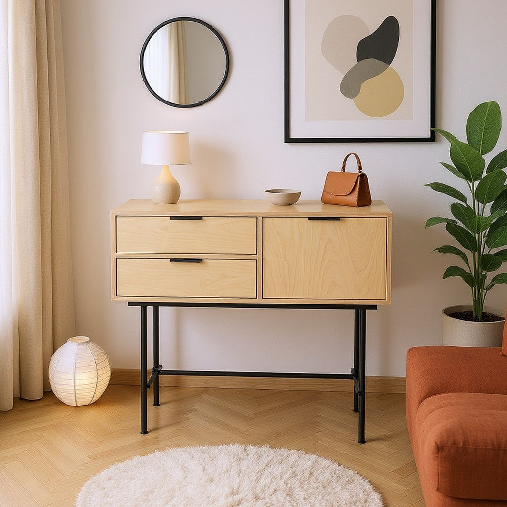 Arrimo Exalt con Cajones 90 cm Kallfü en madera MIMA bajo un espejo redondo, en un recibidor — ambiente