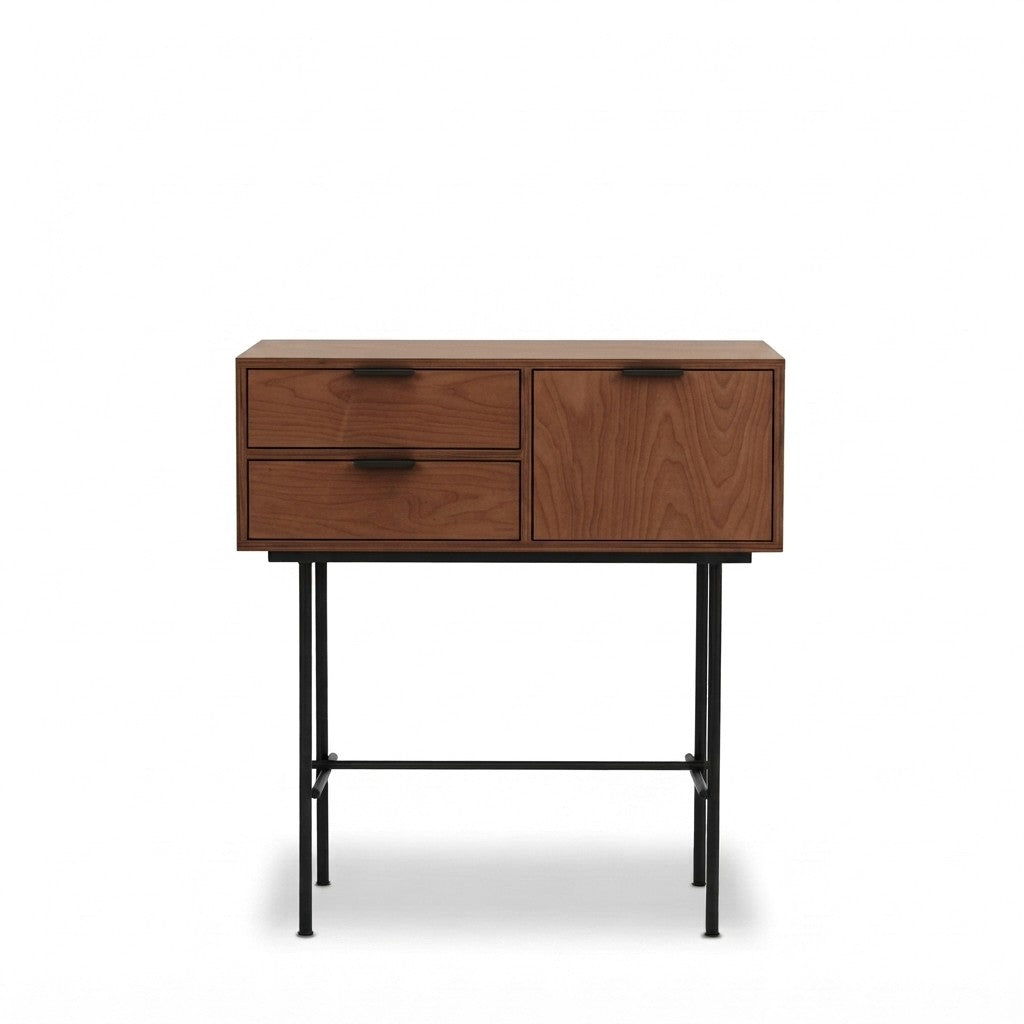 Arrimo Exalt con Cajones 90 cm Kallfü en madera TOFFEE, con dos cajones, una puerta y patas finas de metal negro