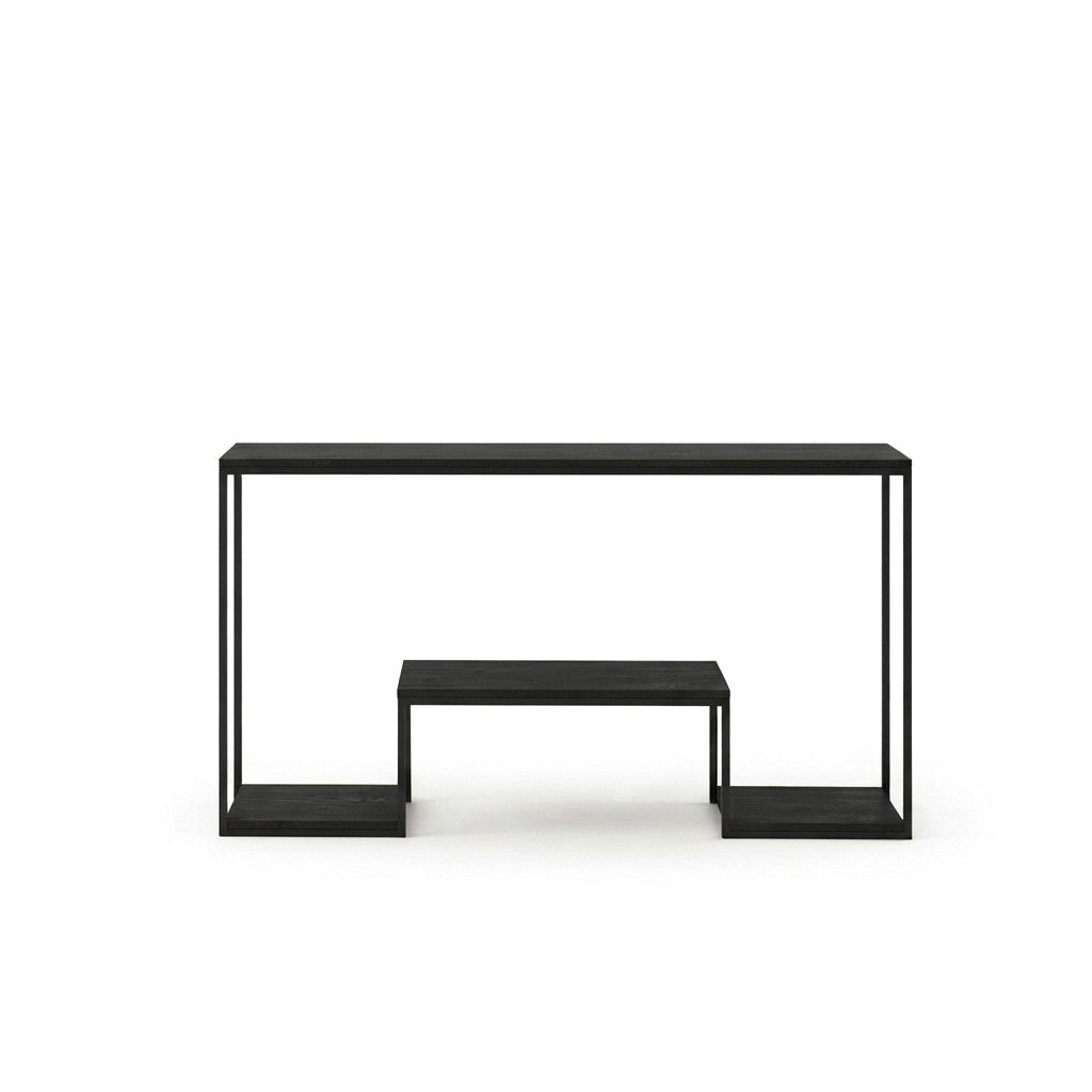 Arrimo Industrial Escalonado 150 cm Kallfü con madera BLACK y estructura de metal negro, vista frontal
