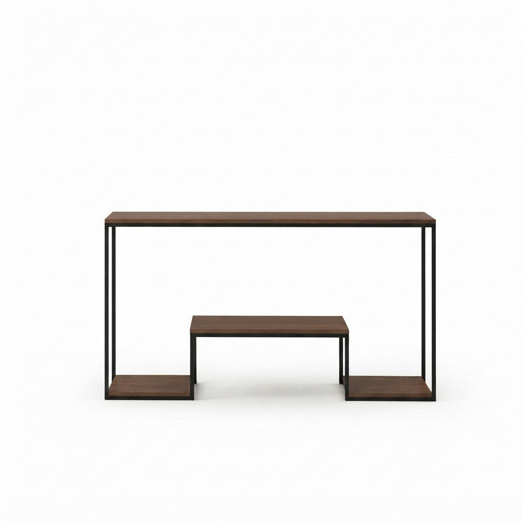 Arrimo Industrial Escalonado 150 cm Kallfü con madera TOFFEE, repisa central elevada y metal negro
