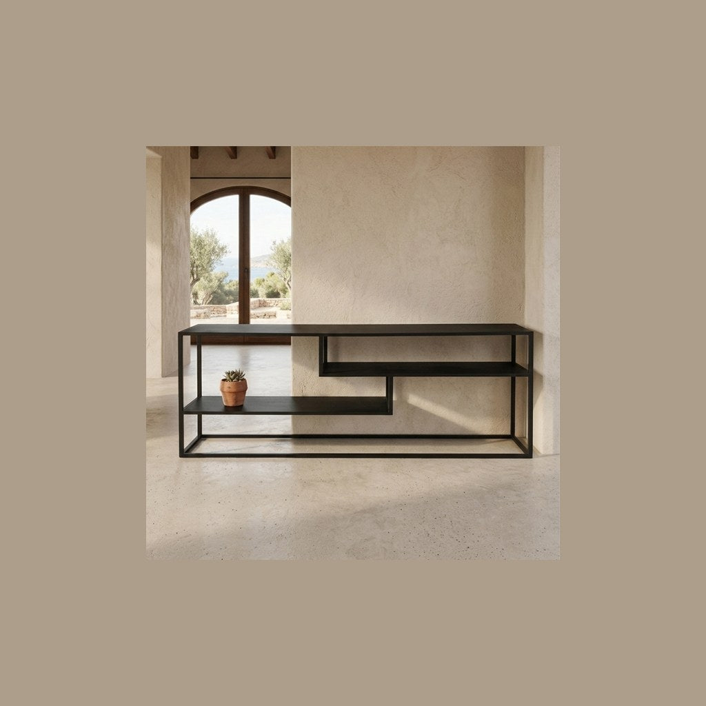 Arrimo Kalda Kallfü metal negro mate, 150x40x50 cm — en el living
