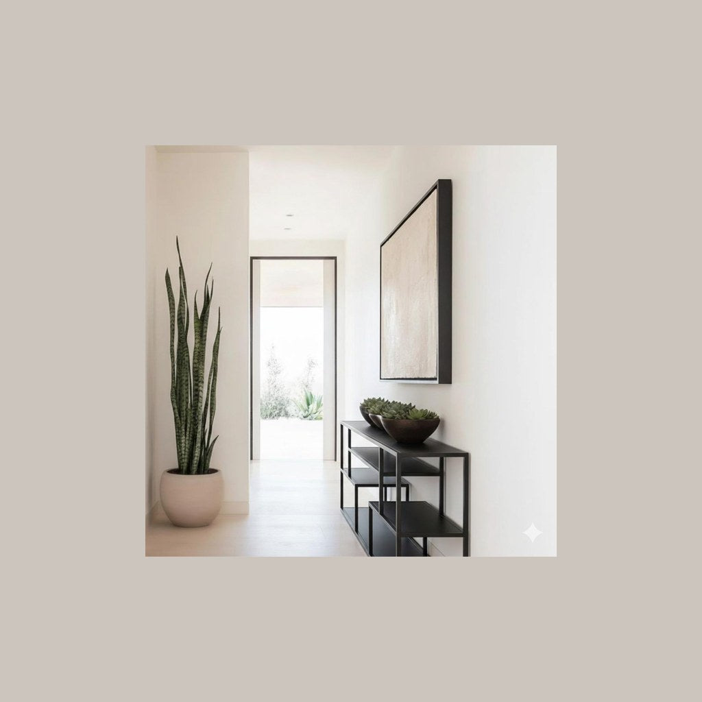 Arrimo Kiva Kallfü metal negro mate, 120x30x75 cm — en el pasillo