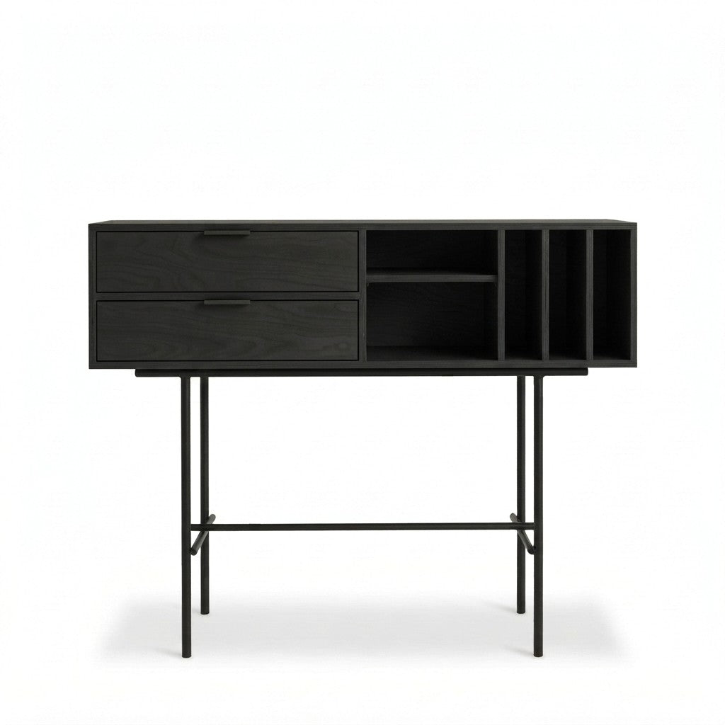 Arrimo Slank con Cajones 120 cm Kallfü en madera BLACK con nicho, tres ranuras y base de metal negro