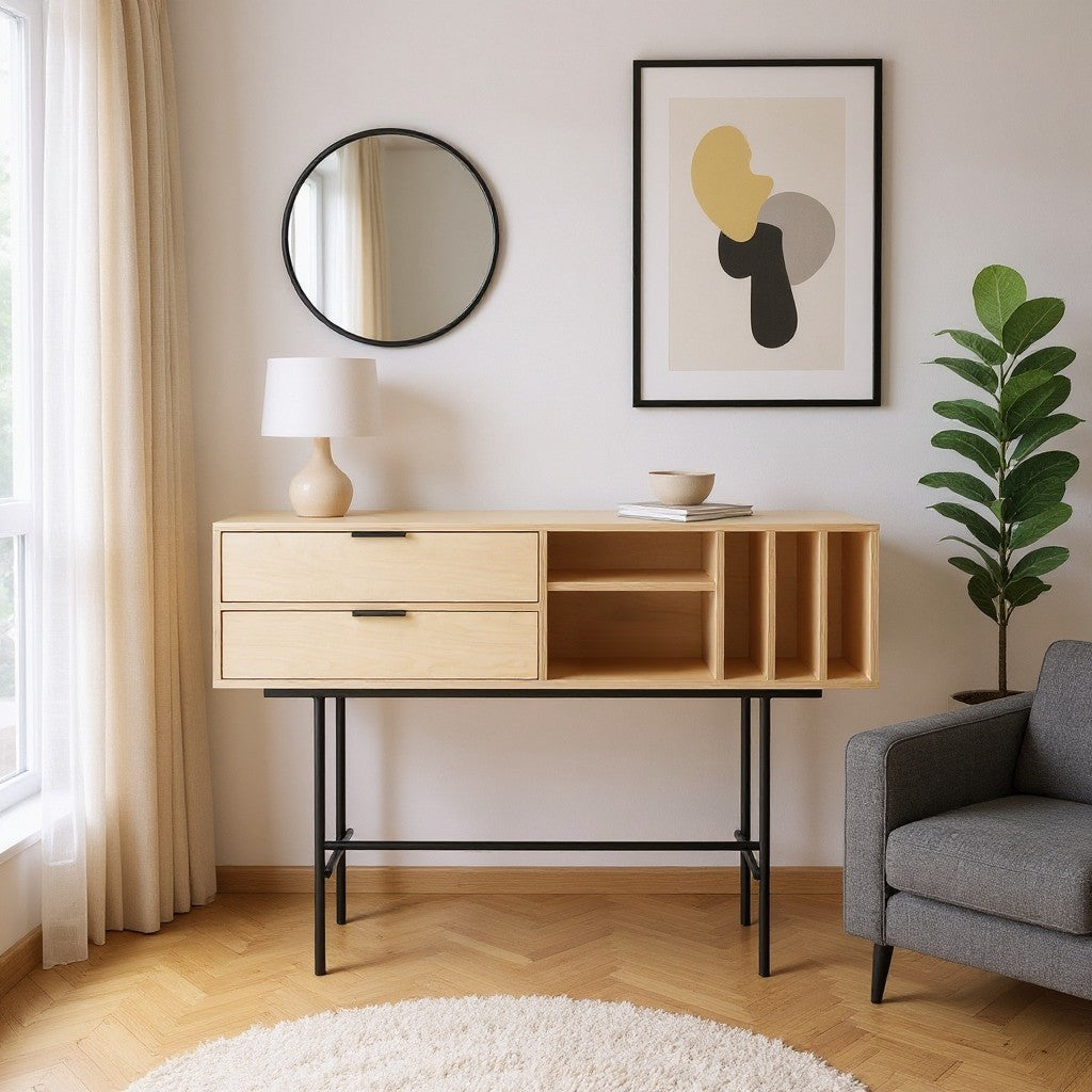 Arrimo Slank con Cajones 120 cm Kallfü en madera MIMA bajo un espejo redondo, en un living nórdico — ambiente