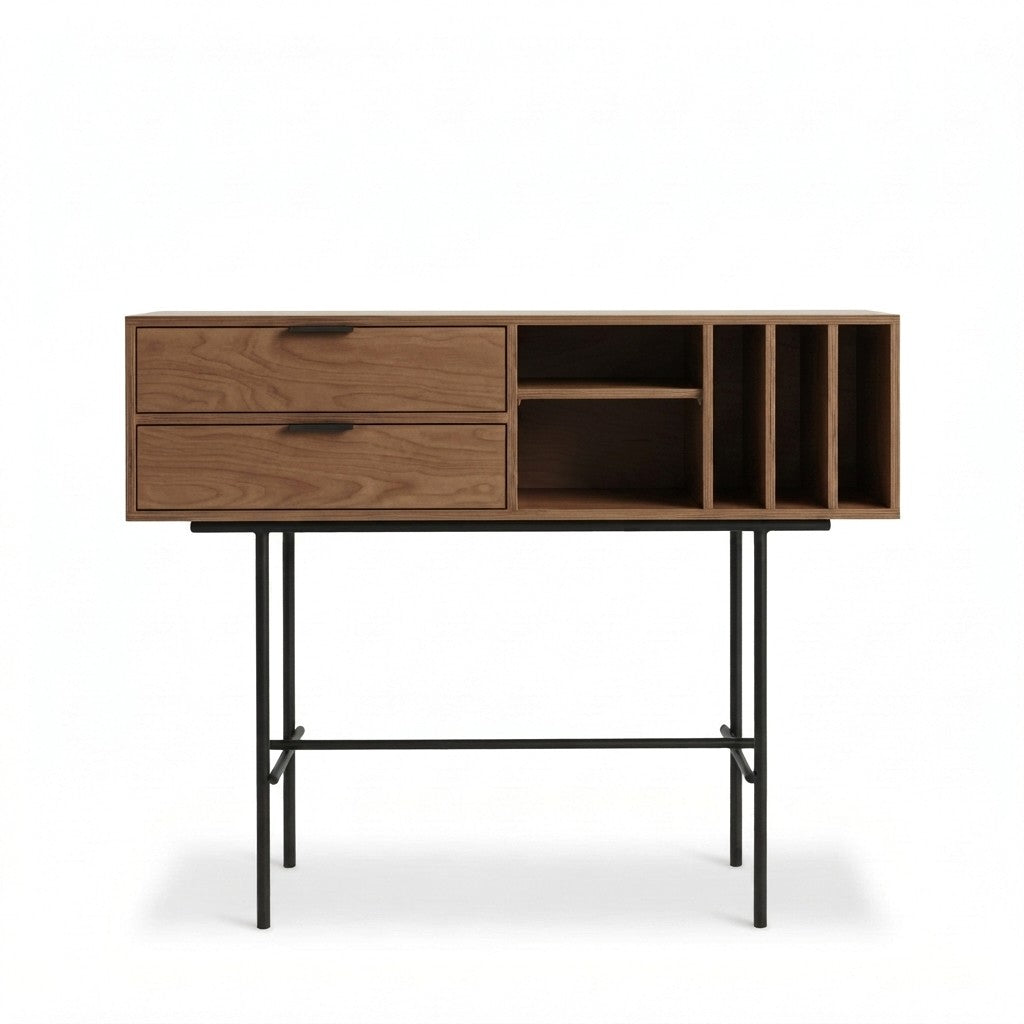 Arrimo Slank con Cajones 120 cm Kallfü en madera TOFFEE con nicho, tres ranuras y base de metal negro