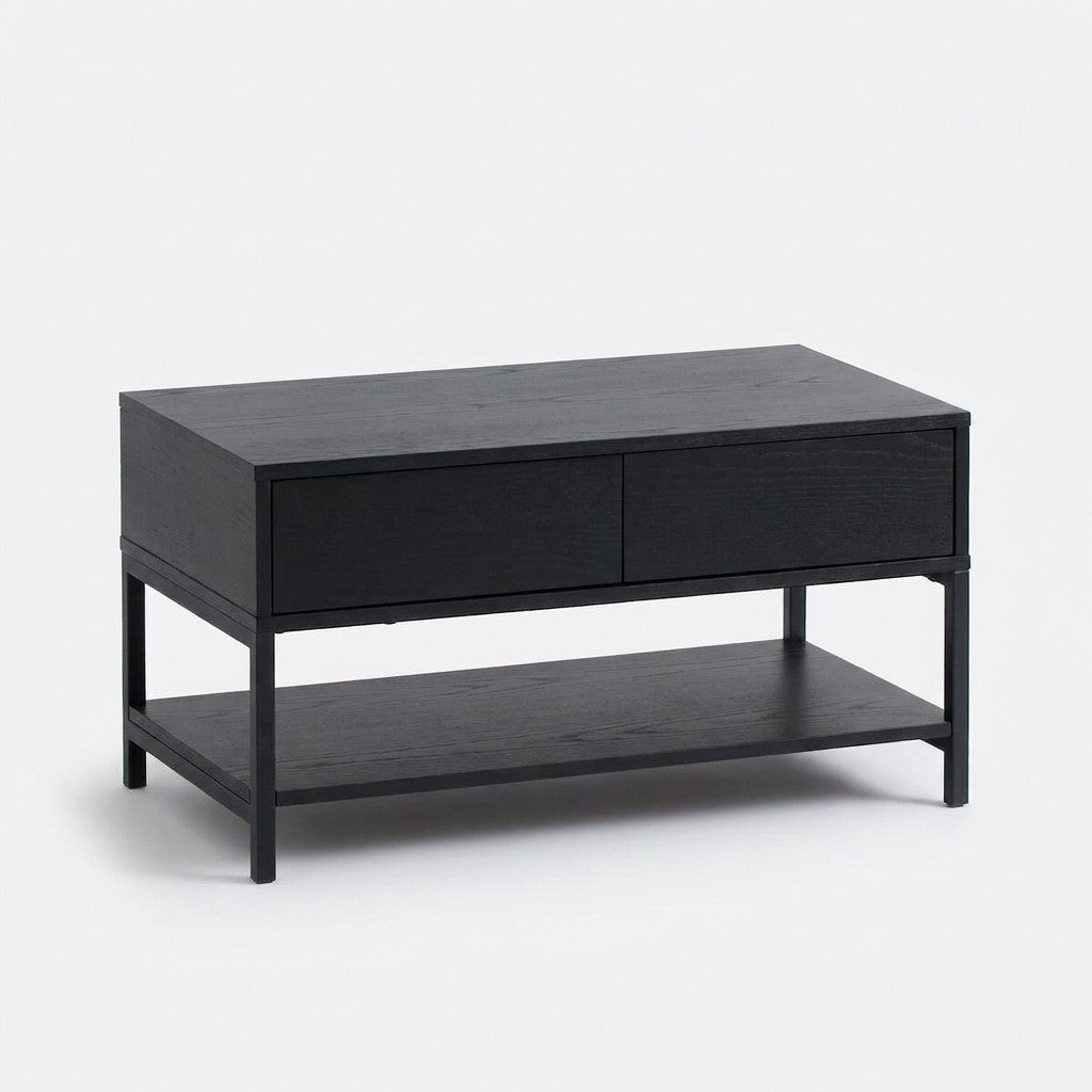 Banca Alvan 80 Kallfü con dos cajones, madera BLACK y metal negro, 80x40x43 cm — vista tres cuartos