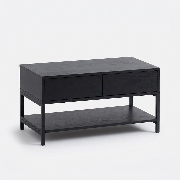 Banca Alvan 80 Kallfü con dos cajones, madera BLACK y metal negro, 80x40x45 cm — vista tres cuartos