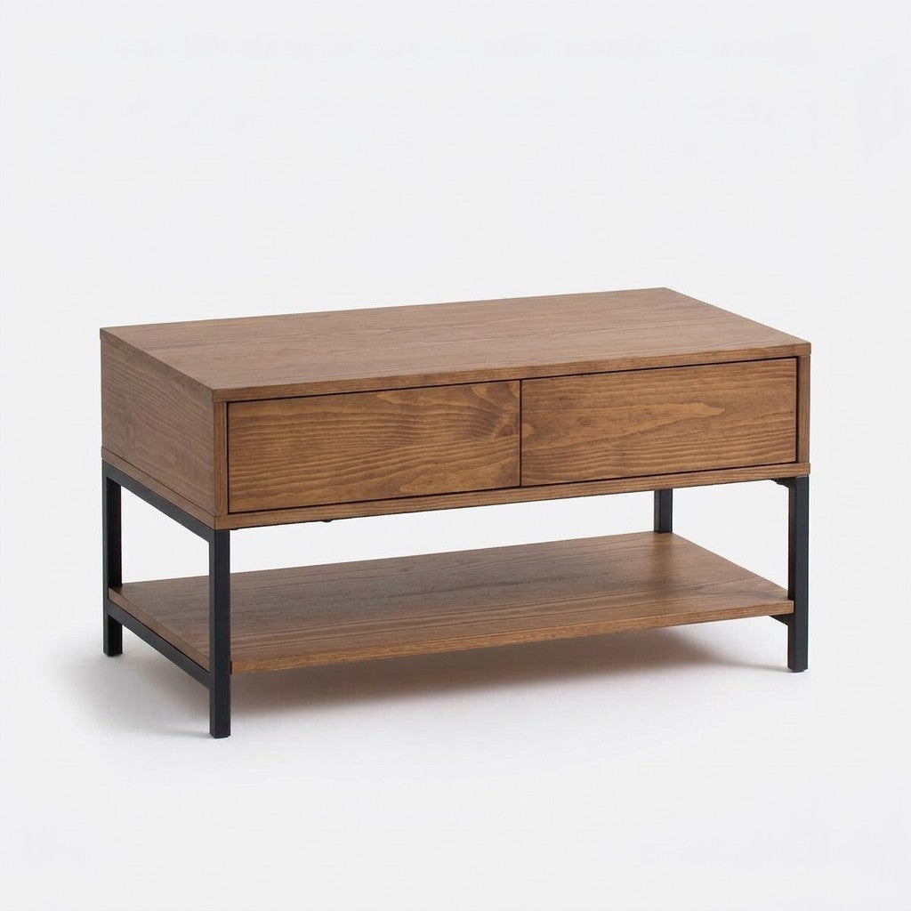 Banca Alvan 80 Kallfü con dos cajones, madera TOFFEE y metal negro, 80x40x43 cm — vista tres cuartos