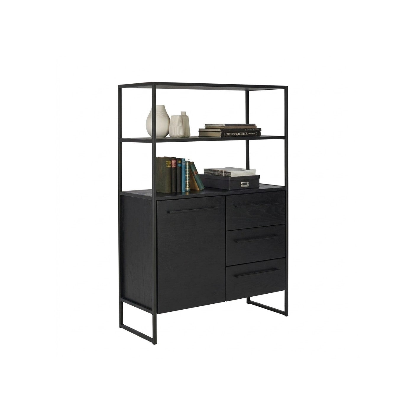 Buffet Lomoco 106 Kallfü en madera BLACK con puerta, tres cajones y dos repisas sobre marco de metal negro