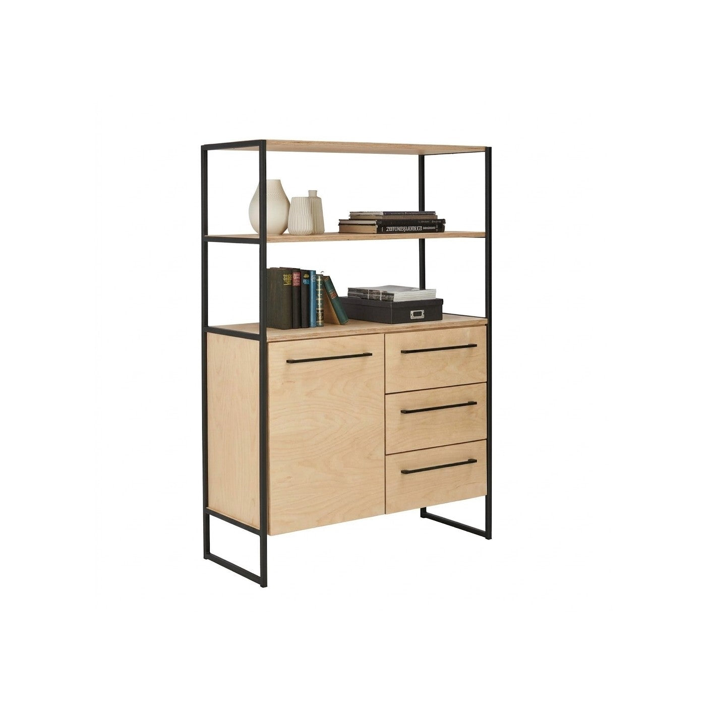 Buffet Lomoco 106 Kallfü en madera MIMA con puerta, tres cajones y dos repisas sobre marco de metal negro