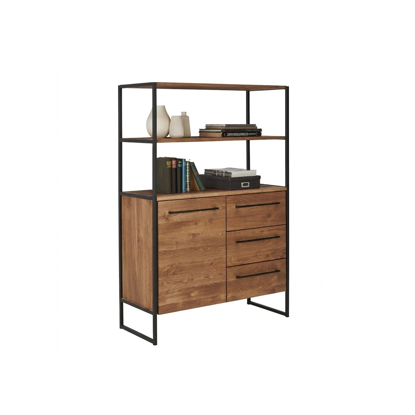 Buffet Lomoco 106 Kallfü en madera TOFFEE con puerta, tres cajones y dos repisas sobre marco de metal negro