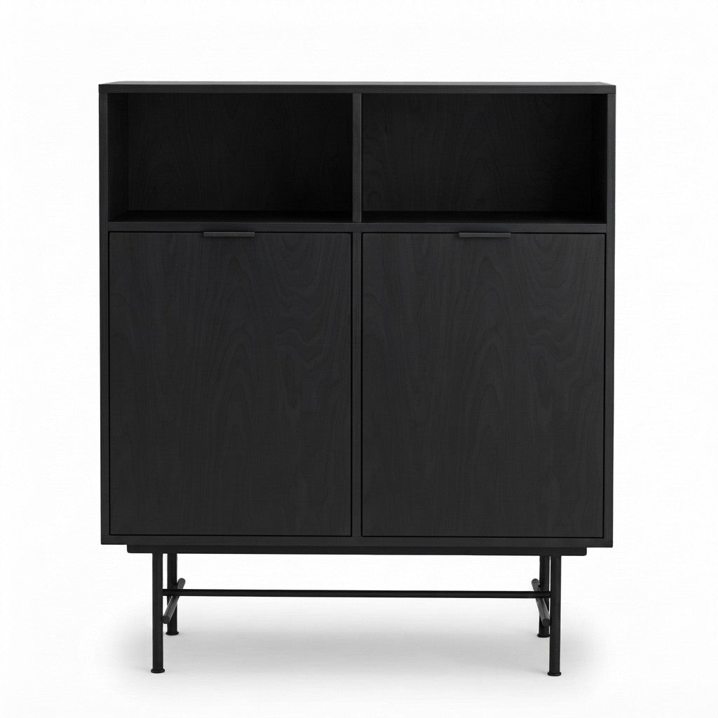 Buffet con Nichos 2 Puertas 100 cm Kallfü en madera BLACK, con dos nichos abiertos arriba y base de metal negro