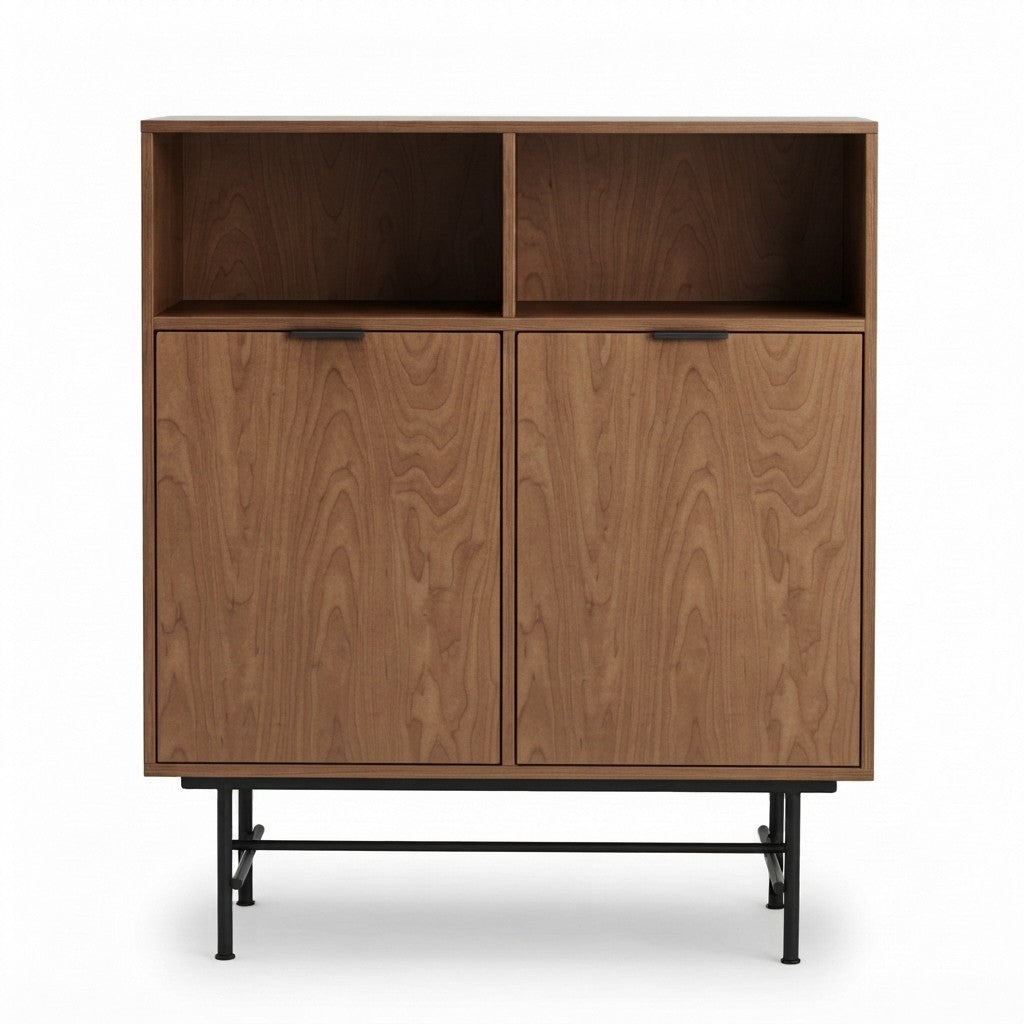 Buffet con Nichos 2 Puertas 100 cm Kallfü en madera TOFFEE, con dos nichos abiertos arriba y base de metal negro