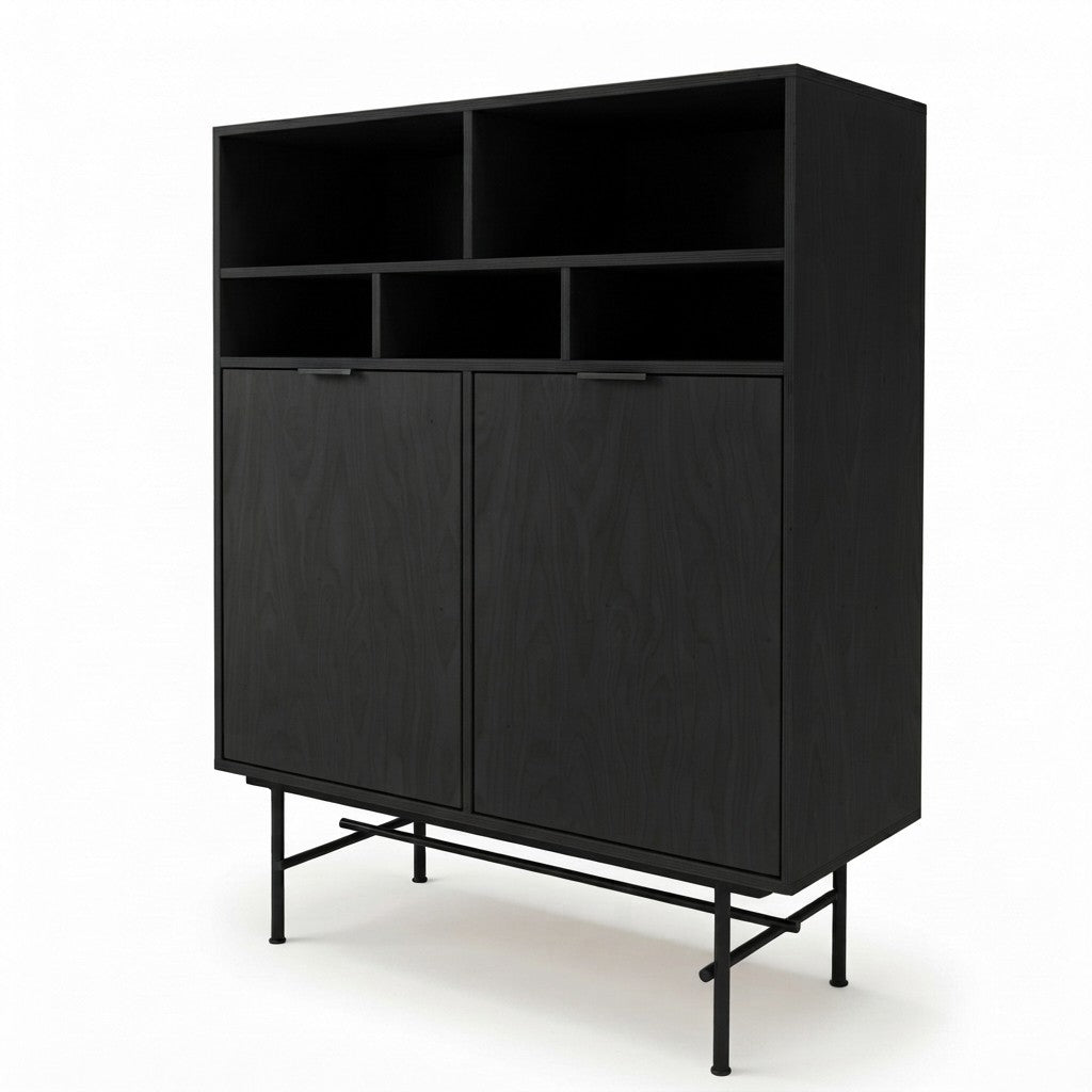 Buffet Alto Noble 100 cm Kallfü en madera BLACK con dos puertas, cinco nichos abiertos y patas de metal negro