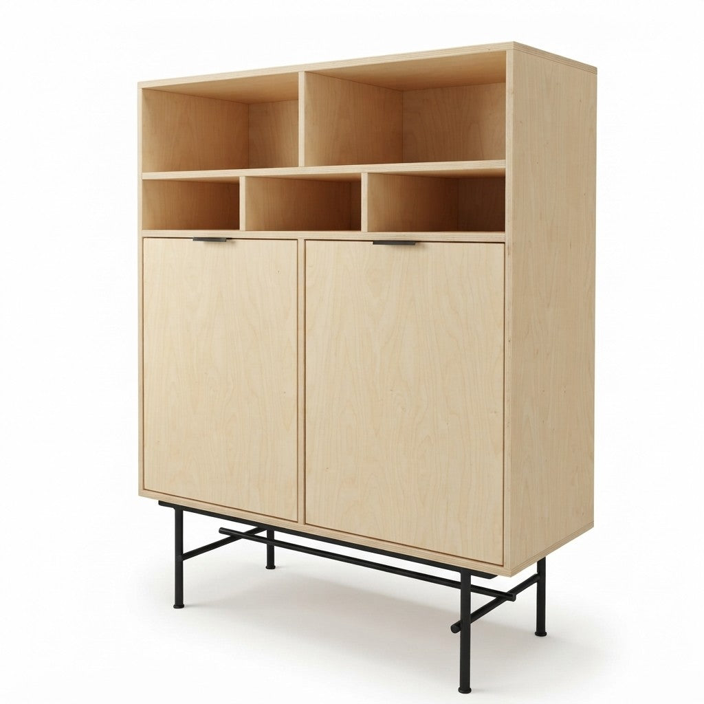 Buffet Alto Noble 100 cm Kallfü en madera MIMA con dos puertas, cinco nichos abiertos y patas de metal negro