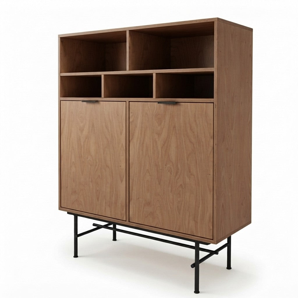 Buffet Alto Noble 100 cm Kallfü en madera TOFFEE con dos puertas, cinco nichos abiertos y patas de metal negro