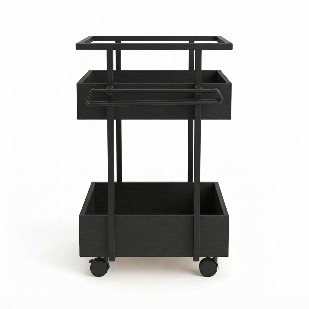 Carrito Auxiliar Bar con Portacopas 50 cm Kallfü con cajas de madera BLACK, estructura de metal negro y ruedas