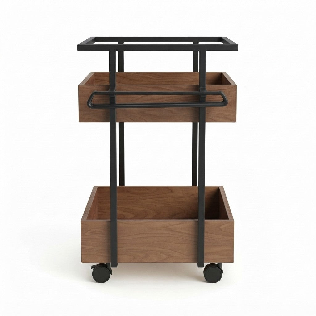Carrito Auxiliar Bar con Portacopas 50 cm Kallfü con cajas de madera TOFFEE, estructura de metal negro y ruedas