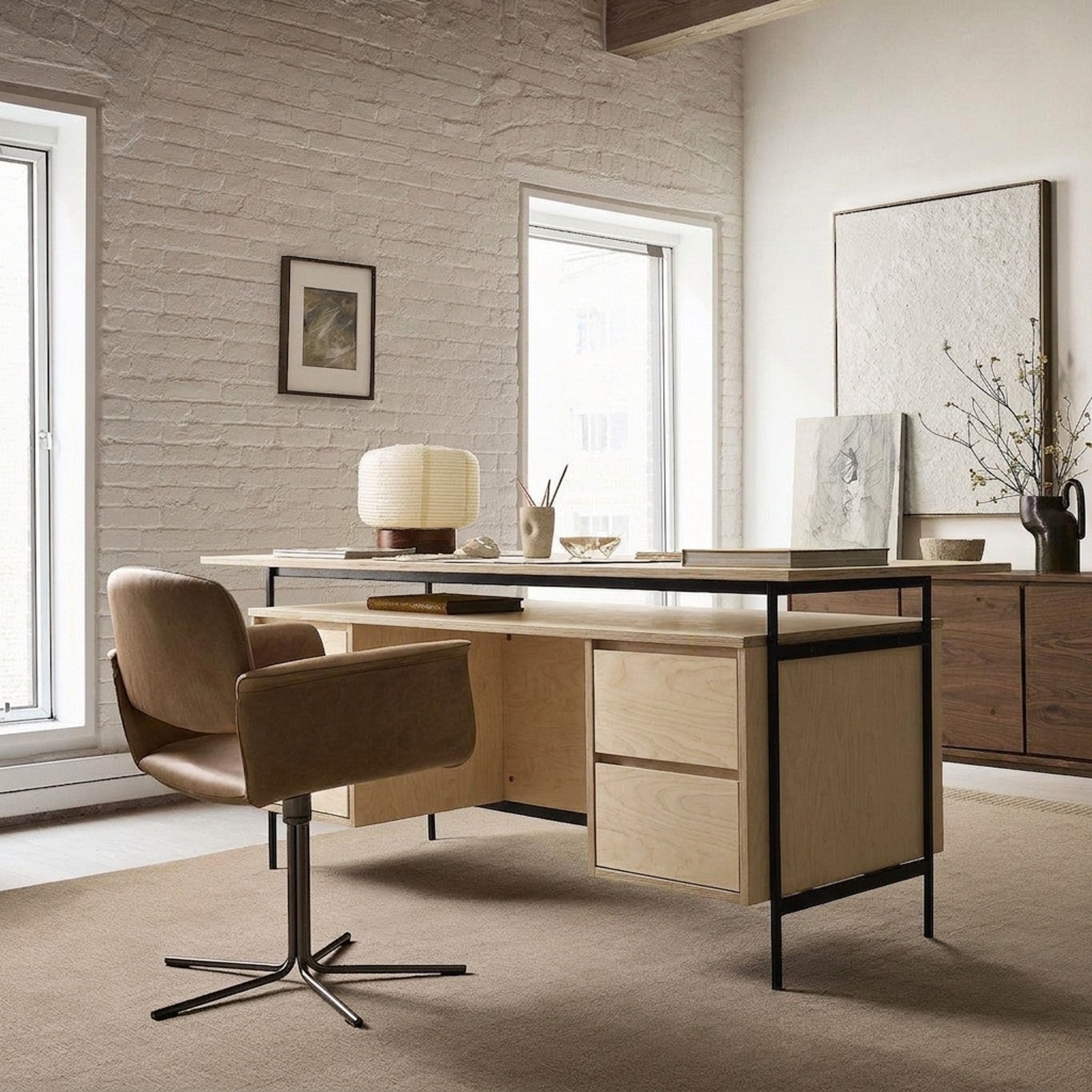 Escritorio Stor 160 Kallfü en plywood MIMA en una oficina de muro de ladrillo, con silla de cuero y lámpara