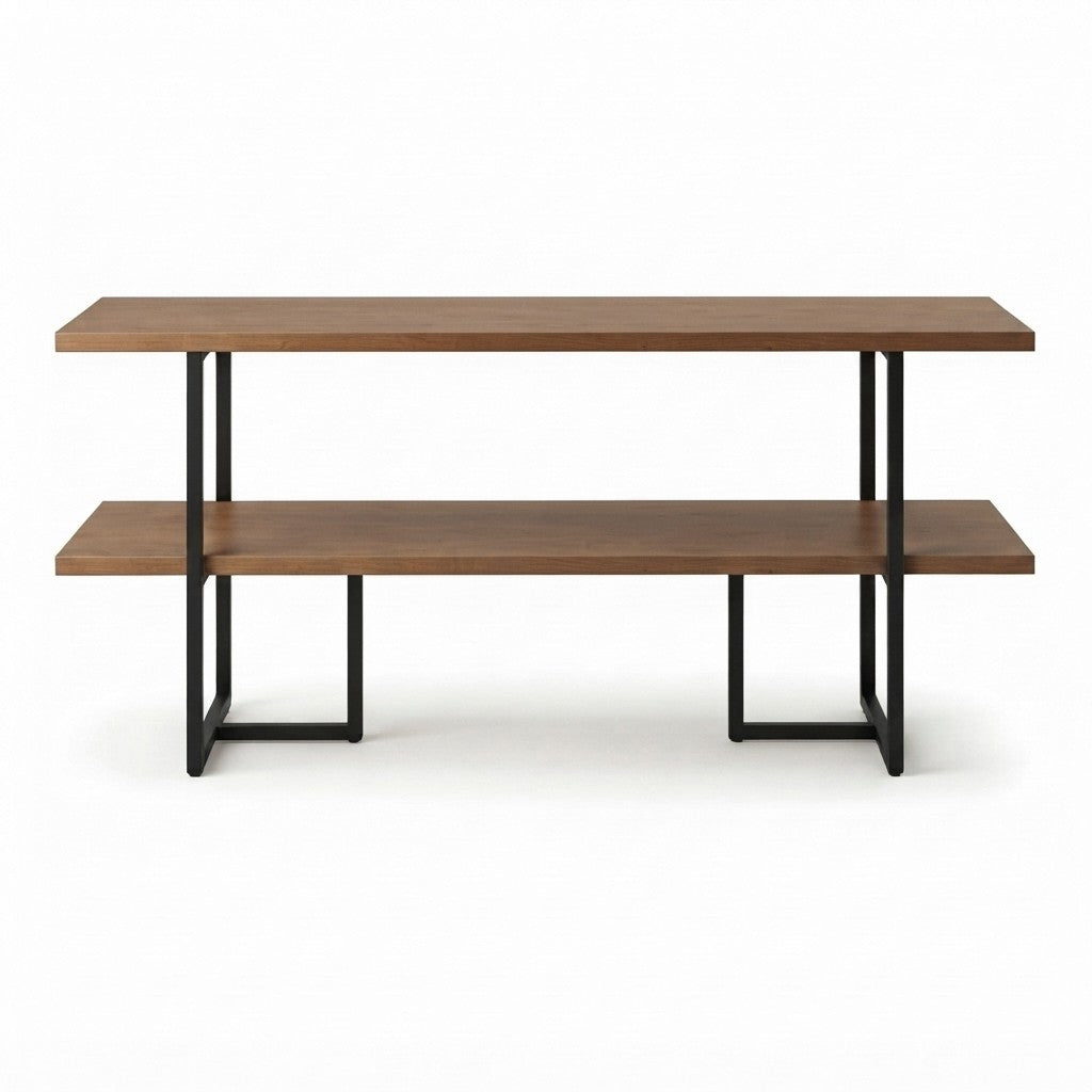 Estantería Concep 160 cm Kallfü de dos niveles, madera TOFFEE y soportes de metal negro