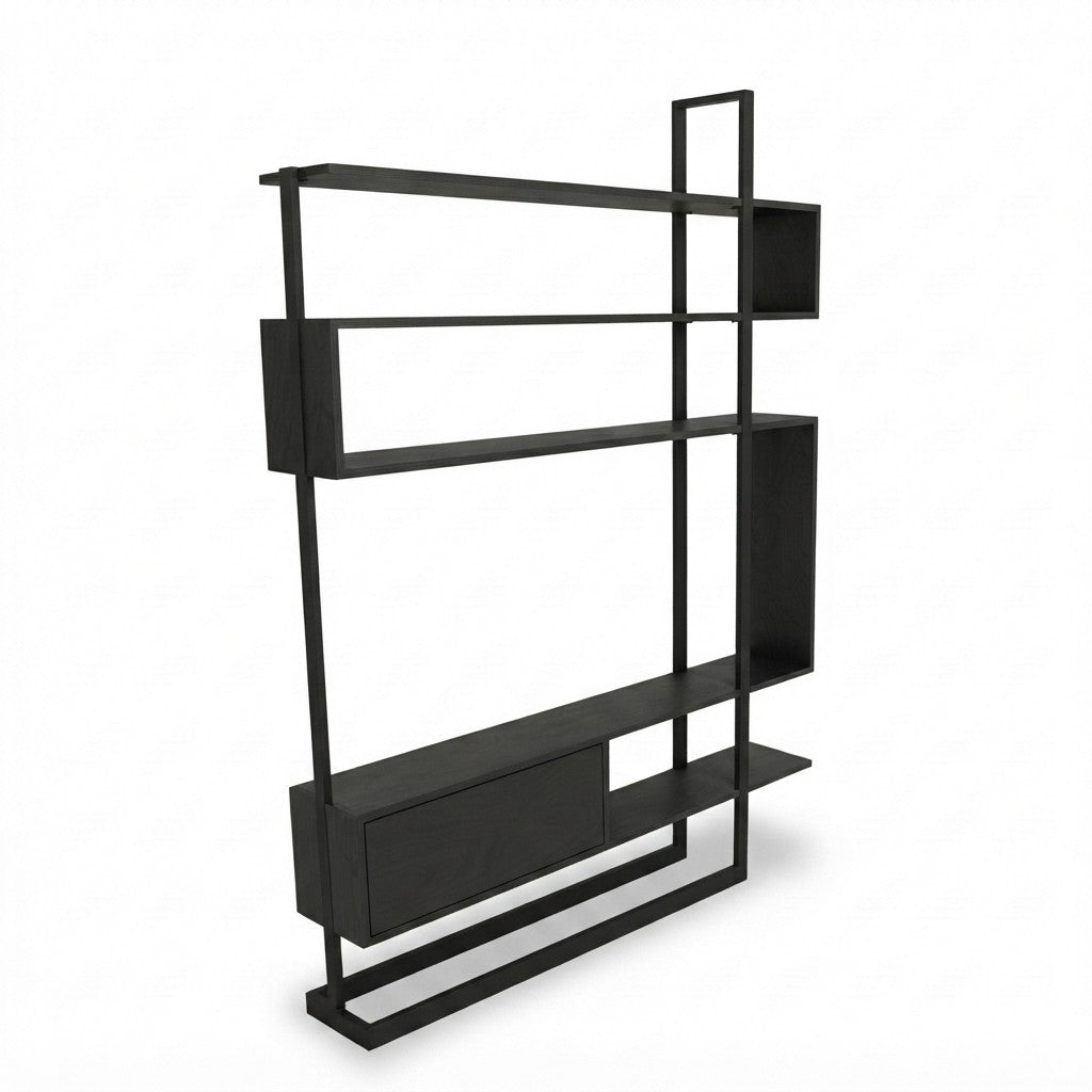 Estantería Emi con Puerta 160 cm Kallfü, repisas de madera BLACK en zigzag y estructura de metal negro